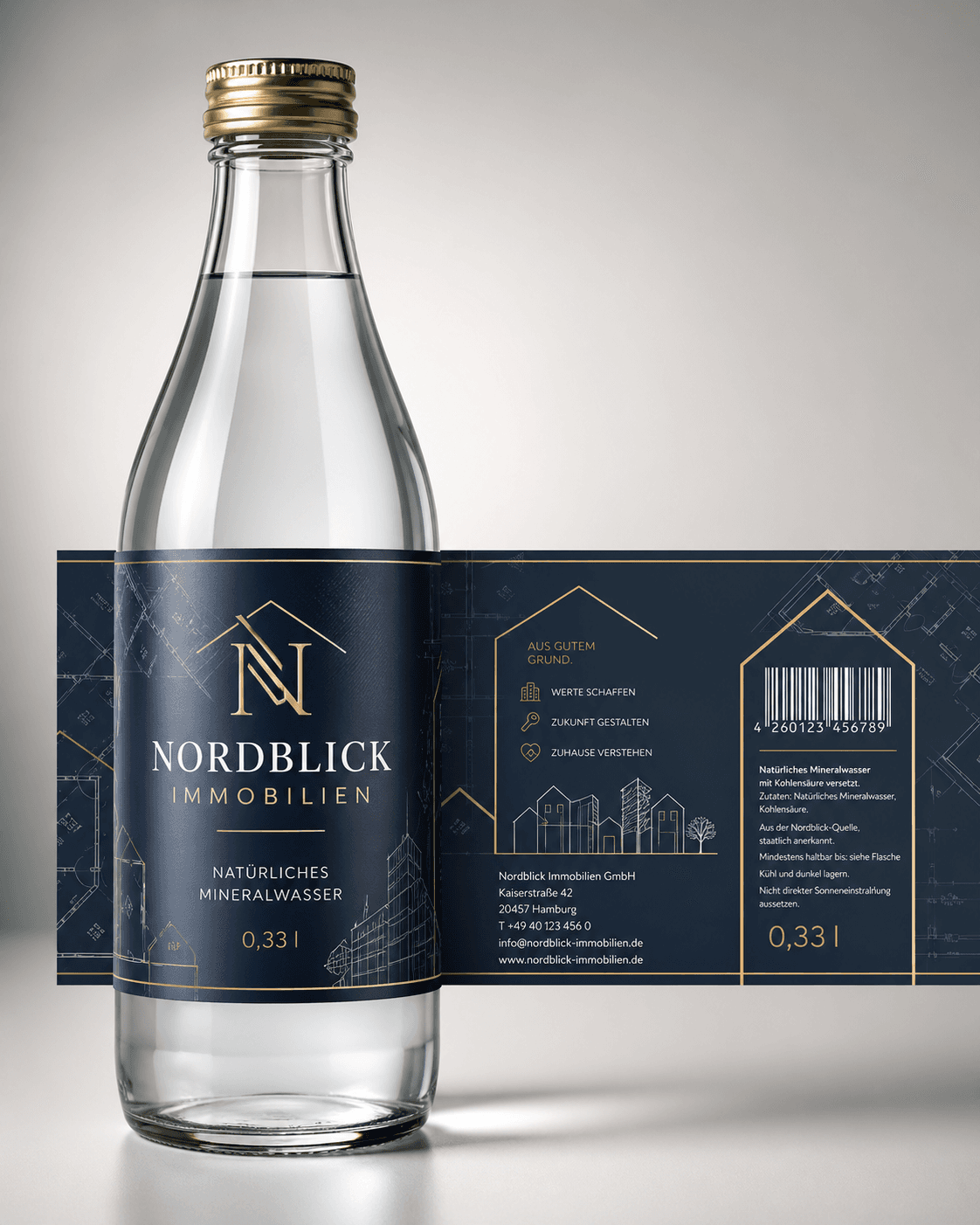 Beispielmockup einer Wasserflasche mit Immobilien-Etikett und ausgeklapptem Labeldesign